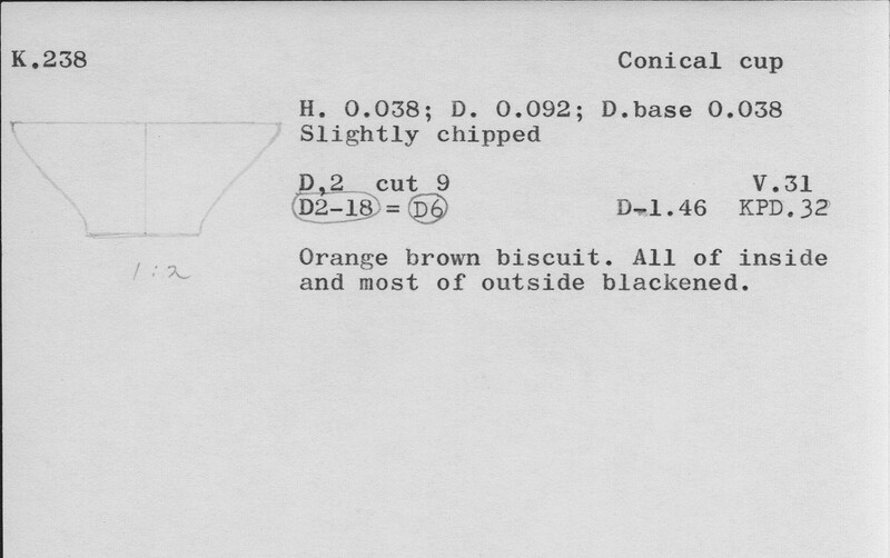 Index card with typed and handwritten information, sometimes including a sketch, of pottery from an excavation.