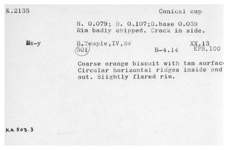 Index card with typed and handwritten information, sometimes including a sketch, of pottery from an excavation.