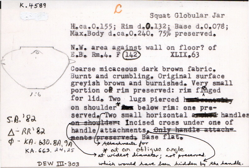 Index card with typed and handwritten information, sometimes including a sketch, of pottery from an excavation.