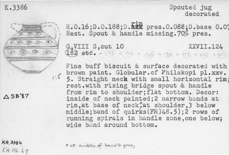 Index card with typed and handwritten information, sometimes including a sketch, of pottery from an excavation.