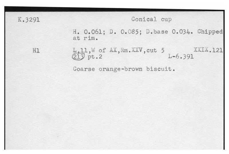 Index card with typed and handwritten information, sometimes including a sketch, of pottery from an excavation.