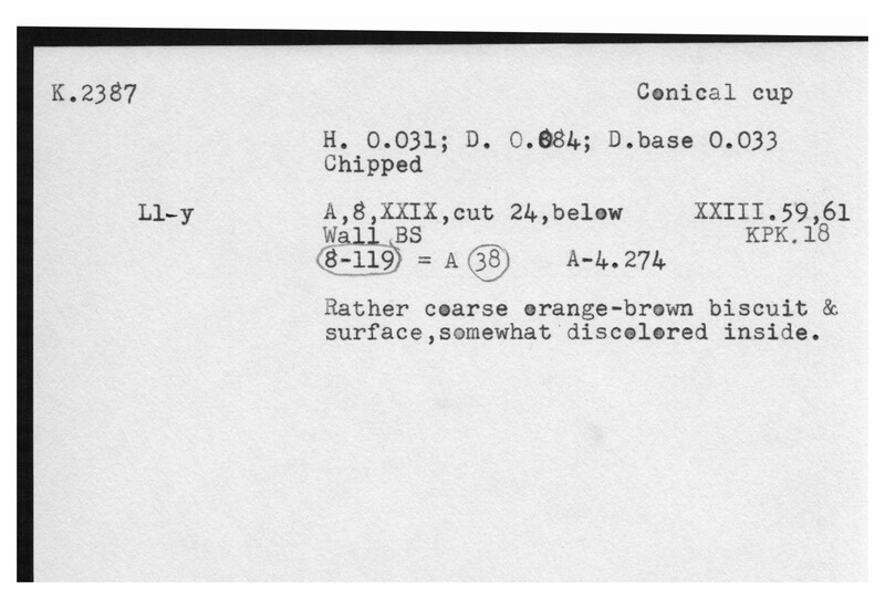 Index card with typed and handwritten information, sometimes including a sketch, of pottery from an excavation.