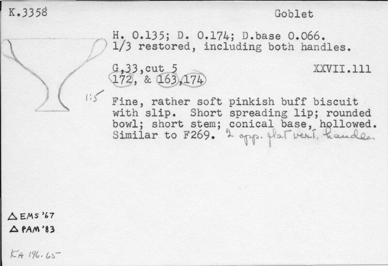 Index card with typed and handwritten information, sometimes including a sketch, of pottery from an excavation.