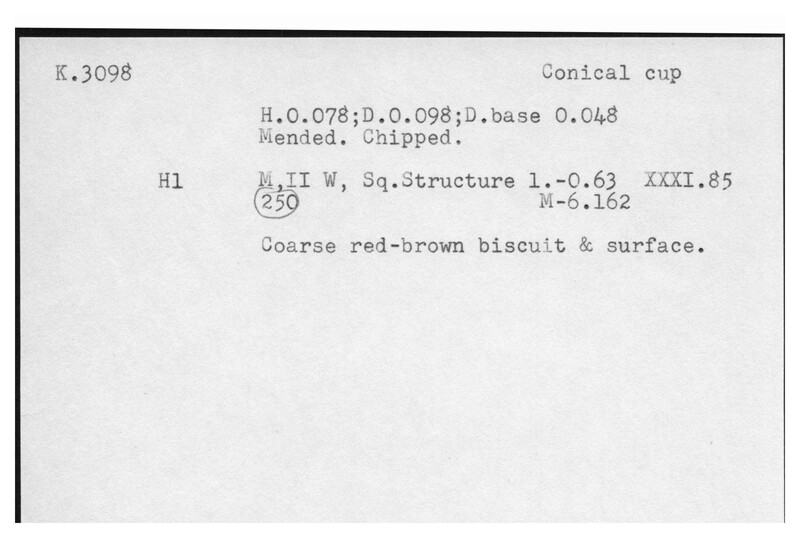 Index card with typed and handwritten information, sometimes including a sketch, of pottery from an excavation.