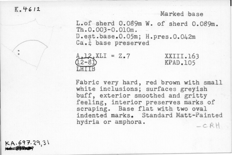 Index card with typed and handwritten information, sometimes including a sketch, of pottery from an excavation.
