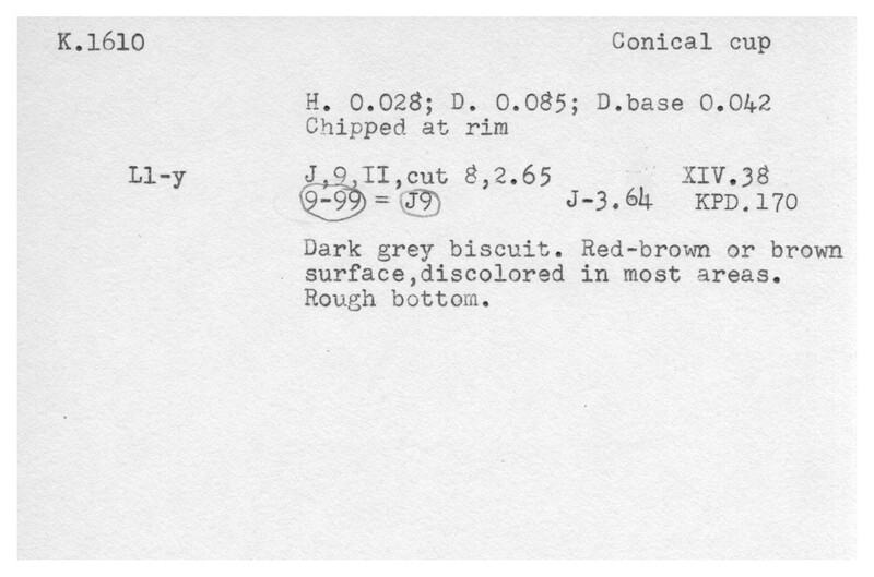 Index card with typed and handwritten information, sometimes including a sketch, of pottery from an excavation.