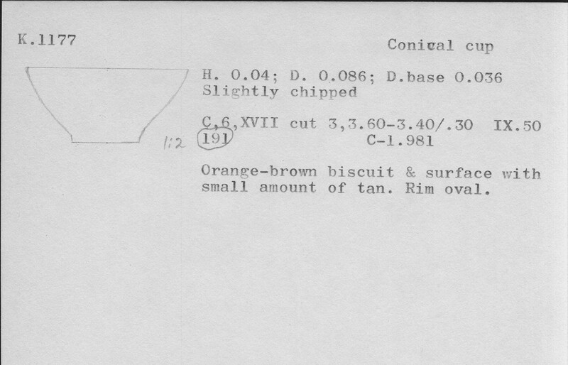 Index card with typed and handwritten information, sometimes including a sketch, of pottery from an excavation.