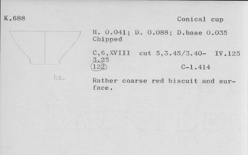 Index card with typed and handwritten information, sometimes including a sketch, of pottery from an excavation.