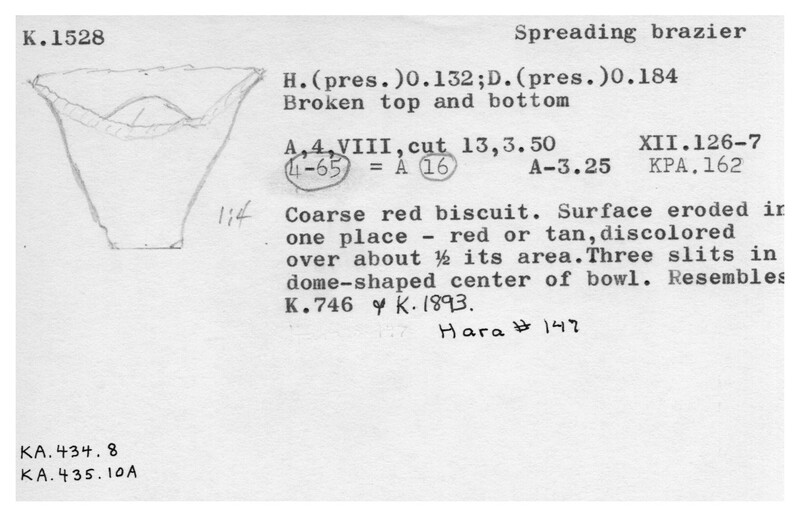 Index card with typed and handwritten information, sometimes including a sketch, of pottery from an excavation.