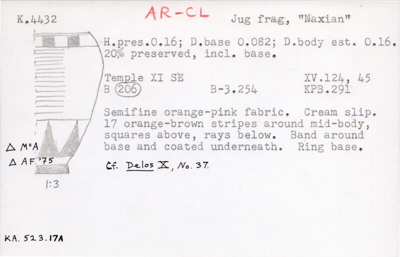 Index card with typed and handwritten information, sometimes including a sketch, of pottery from an excavation.
