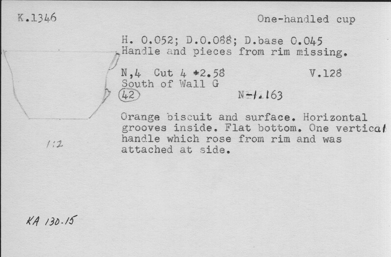 Index card with typed and handwritten information, sometimes including a sketch, of pottery from an excavation.