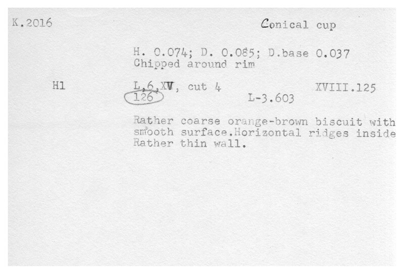Index card with typed and handwritten information, sometimes including a sketch, of pottery from an excavation.
