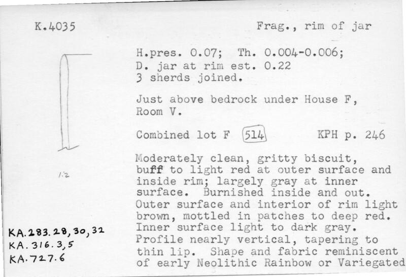 Index card with typed and handwritten information, sometimes including a sketch, of pottery from an excavation.