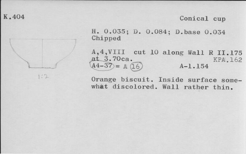 Index card with typed and handwritten information, sometimes including a sketch, of pottery from an excavation.