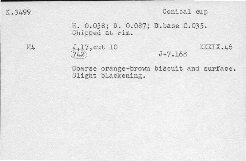 Index card with typed and handwritten information, sometimes including a sketch, of pottery from an excavation.