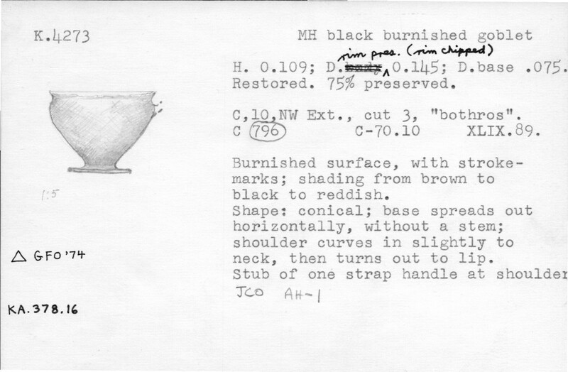 Index card with typed and handwritten information, sometimes including a sketch, of pottery from an excavation.