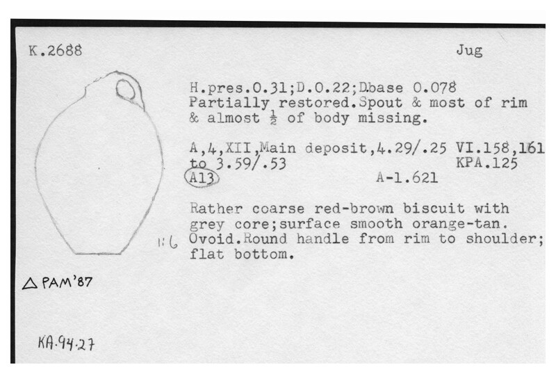 Index card with typed and handwritten information, sometimes including a sketch, of pottery from an excavation.