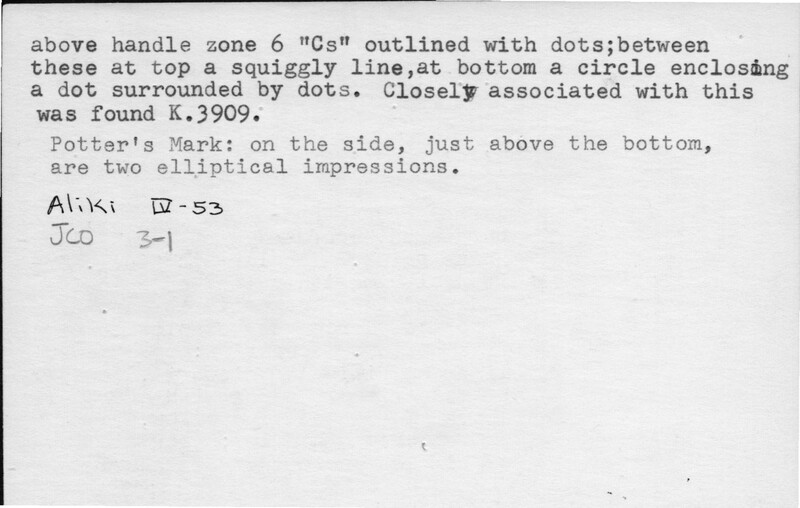Index card with typed and handwritten information, sometimes including a sketch, of pottery from an excavation.