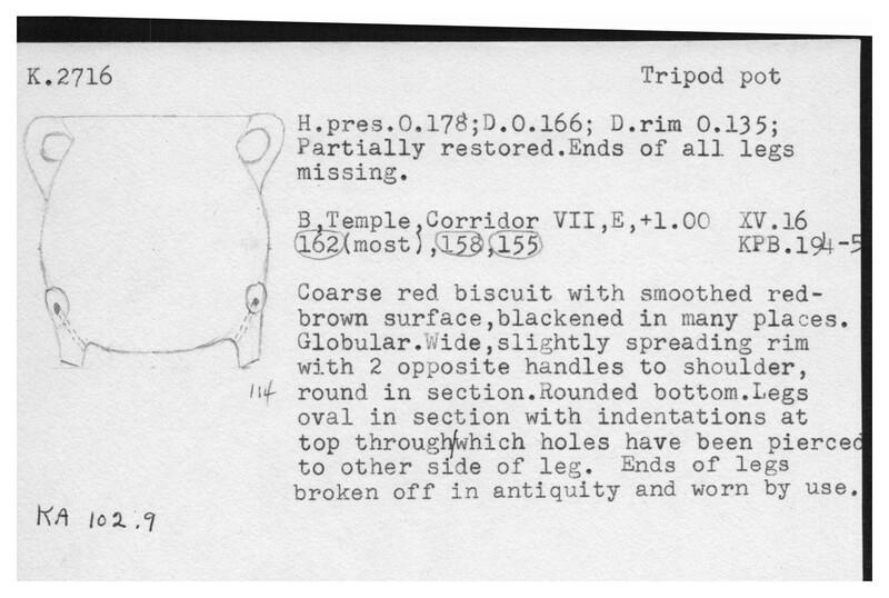 Index card with typed and handwritten information, sometimes including a sketch, of pottery from an excavation.