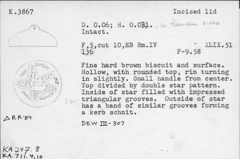 Index card with typed and handwritten information, sometimes including a sketch, of pottery from an excavation.