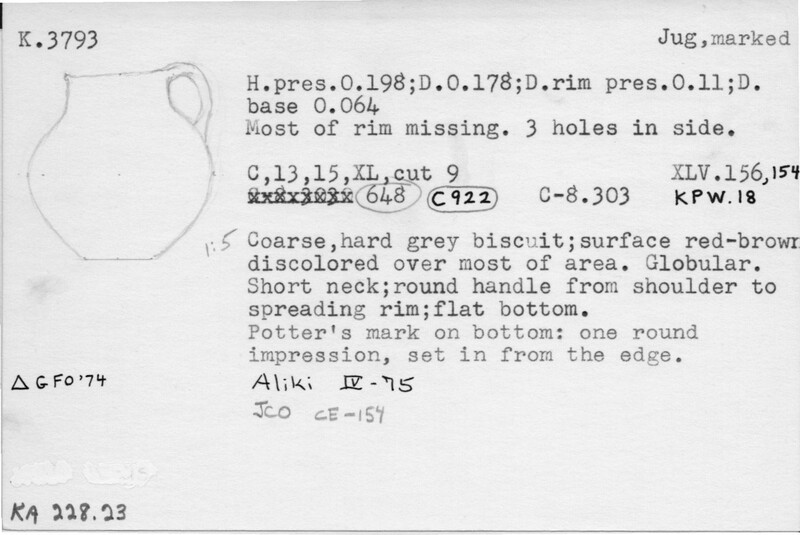Index card with typed and handwritten information, sometimes including a sketch, of pottery from an excavation.