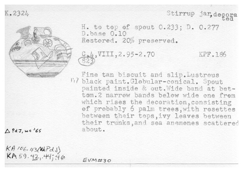 Index card with typed and handwritten information, sometimes including a sketch, of pottery from an excavation.