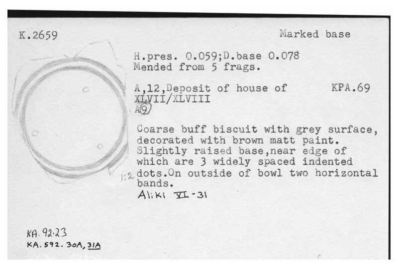 Index card with typed and handwritten information, sometimes including a sketch, of pottery from an excavation.