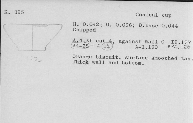 Index card with typed and handwritten information, sometimes including a sketch, of pottery from an excavation.