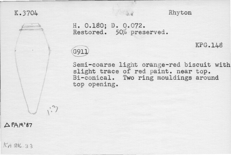 Index card with typed and handwritten information, sometimes including a sketch, of pottery from an excavation.