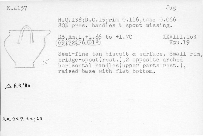 Index card with typed and handwritten information, sometimes including a sketch, of pottery from an excavation.