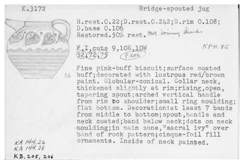 Index card with typed and handwritten information, sometimes including a sketch, of pottery from an excavation.