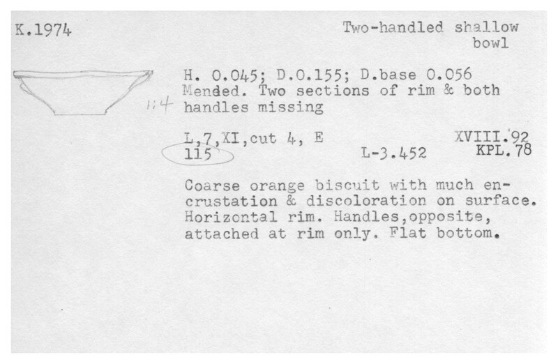 Index card with typed and handwritten information, sometimes including a sketch, of pottery from an excavation.