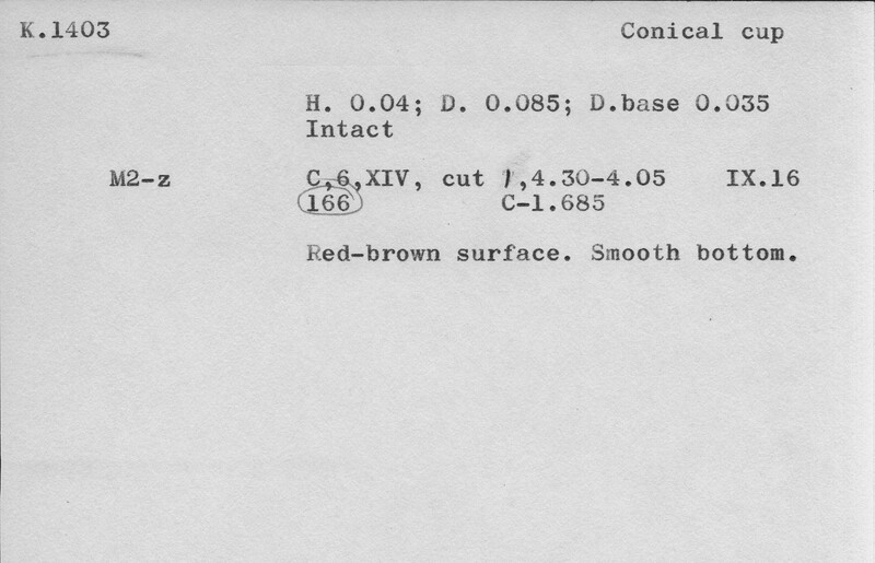 Index card with typed and handwritten information, sometimes including a sketch, of pottery from an excavation.