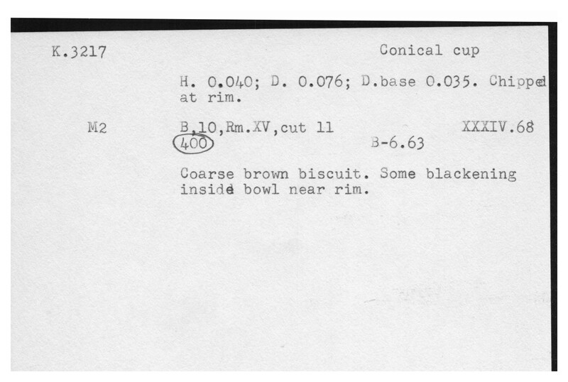Index card with typed and handwritten information, sometimes including a sketch, of pottery from an excavation.