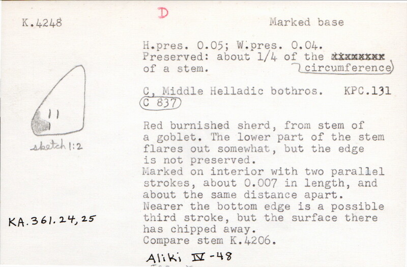 Index card with typed and handwritten information, sometimes including a sketch, of pottery from an excavation.