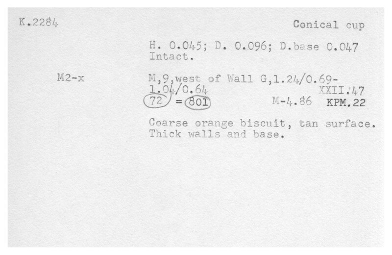 Index card with typed and handwritten information, sometimes including a sketch, of pottery from an excavation.