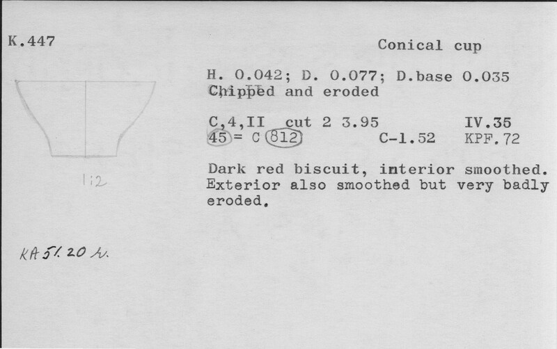 Index card with typed and handwritten information, sometimes including a sketch, of pottery from an excavation.