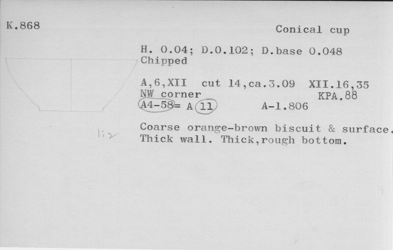 Index card with typed and handwritten information, sometimes including a sketch, of pottery from an excavation.