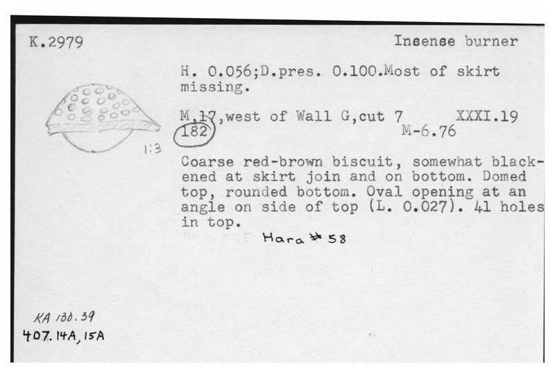 Index card with typed and handwritten information, sometimes including a sketch, of pottery from an excavation.