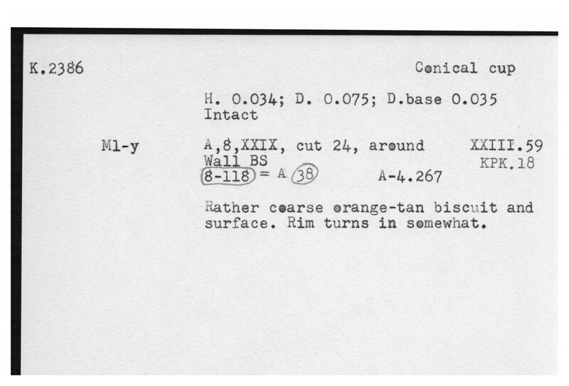 Index card with typed and handwritten information, sometimes including a sketch, of pottery from an excavation.