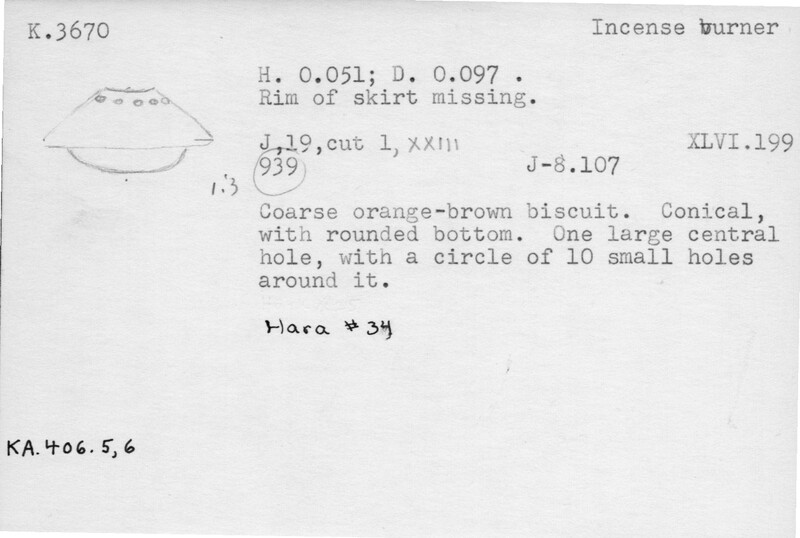 Index card with typed and handwritten information, sometimes including a sketch, of pottery from an excavation.