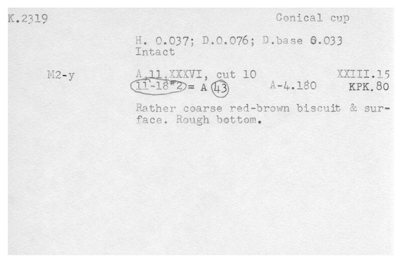 Index card with typed and handwritten information, sometimes including a sketch, of pottery from an excavation.
