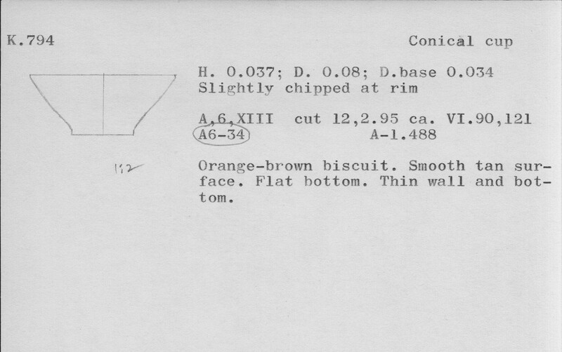 Index card with typed and handwritten information, sometimes including a sketch, of pottery from an excavation.