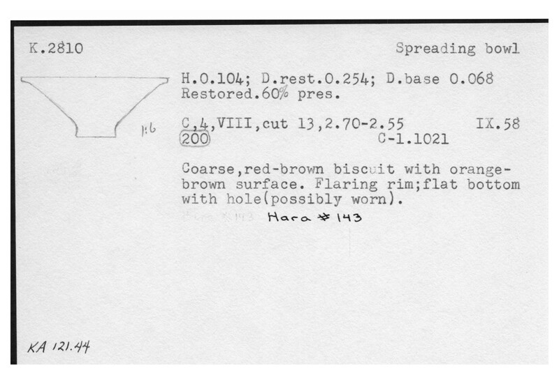 Index card with typed and handwritten information, sometimes including a sketch, of pottery from an excavation.