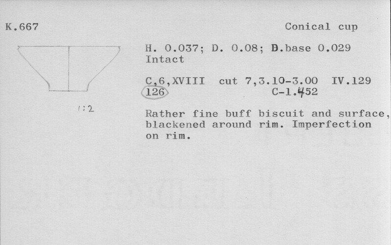 Index card with typed and handwritten information, sometimes including a sketch, of pottery from an excavation.