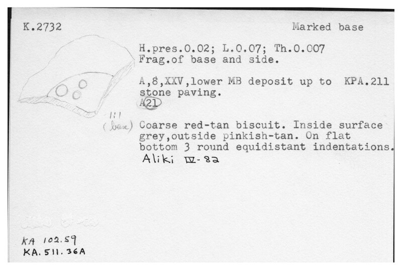 Index card with typed and handwritten information, sometimes including a sketch, of pottery from an excavation.