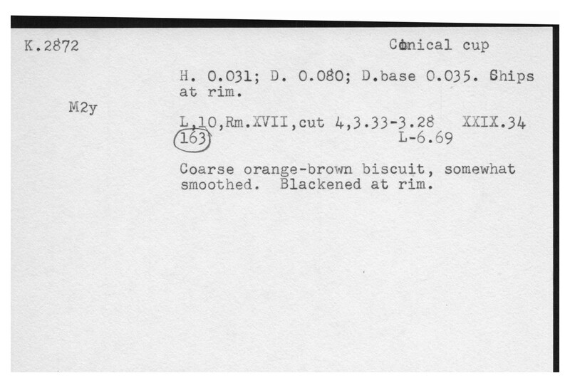 Index card with typed and handwritten information, sometimes including a sketch, of pottery from an excavation.