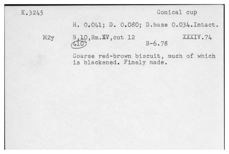 Index card with typed and handwritten information, sometimes including a sketch, of pottery from an excavation.