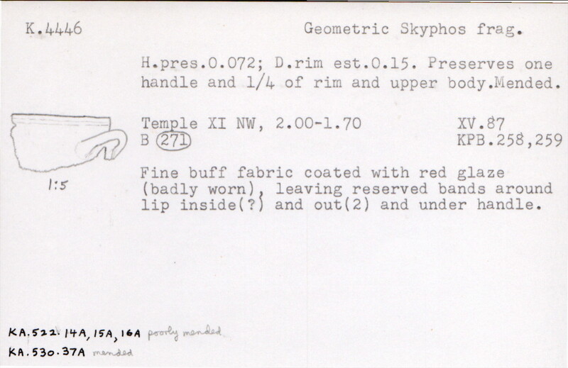 Index card with typed and handwritten information, sometimes including a sketch, of pottery from an excavation.