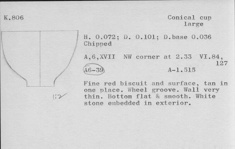 Index card with typed and handwritten information, sometimes including a sketch, of pottery from an excavation.